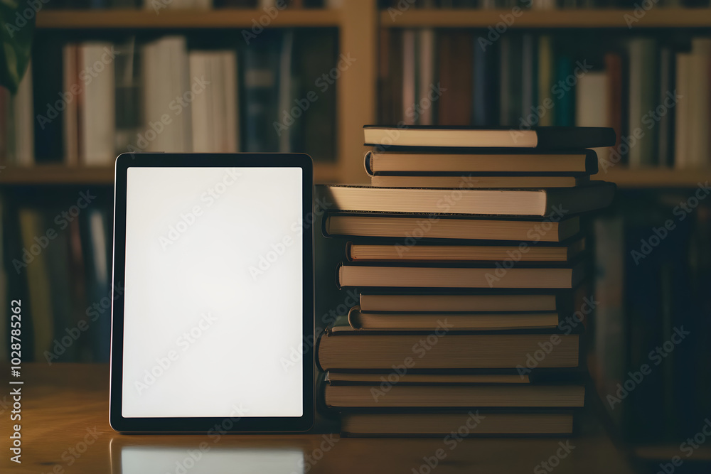 Poster a minimalist setup featuring a tablet beside a stack of books against a softly lit background creati