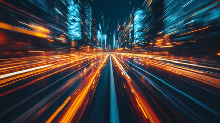 "Advancing rapidly along a blurred, unoccupied road with a cityscape in the background, depicted in 3D rendering."

