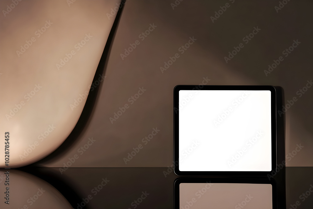 Poster minimalist photography showcases a tablet resting on a reflective surface against a soft, curved bac
