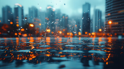  A close-up image of water droplets splashing, reflecting a blurred city skyline with vibrant lights.