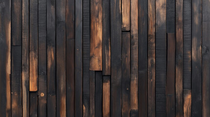 Wooden wall with vertically aligned charred wooden planks featuring a rustic and textured pattern