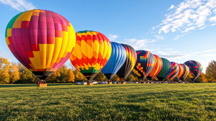 Obraz premium Colorful hot air balloons fill sky, creating vibrant display against clear blue backdrop. scene captures joy and excitement of balloon festival, showcasing various patterns and colors