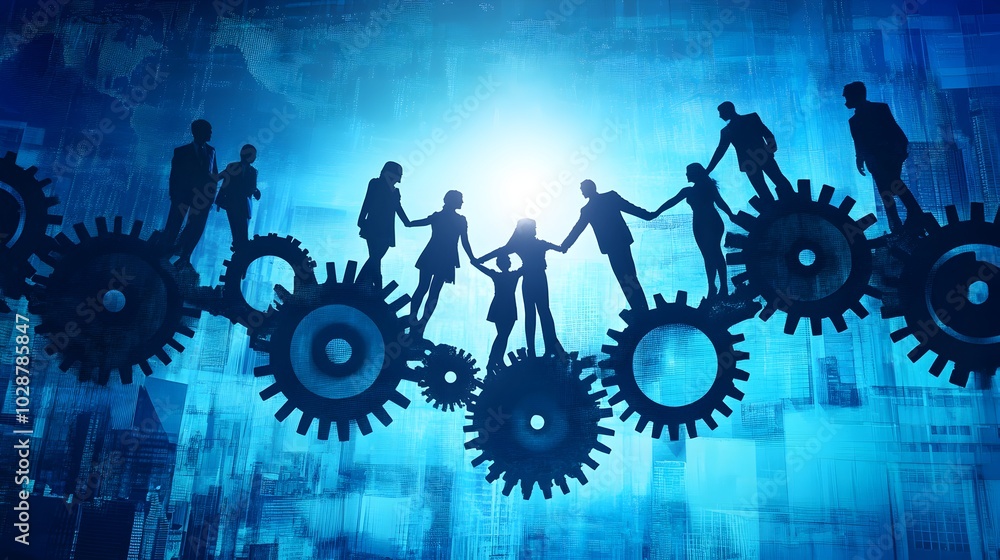 Poster collaborative business engagement and teamwork driving progress and innovation in a corporate or ind