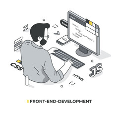 Front-end developer builds the user interface and experience of websites or apps using HTML, CSS, and JavaScript, focusing on layout, design, and interactivity. Isometric illustration