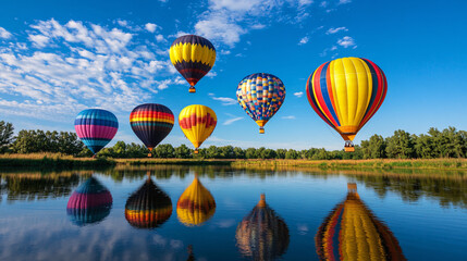 Obraz premium Colorful hot air balloons float gracefully over serene lake, reflecting their vibrant hues in calm water. clear blue sky and fluffy clouds enhance picturesque scene