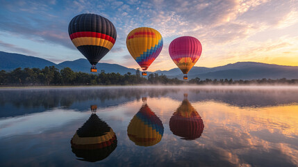 Obraz premium Colorful hot air balloons floating over serene lake at sunrise, reflecting beautifully on waters surface. scene evokes sense of tranquility and adventure