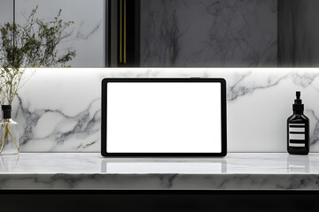 Fototapeta premium Minimalist photography showcases a sleek tablet on a marble countertop, accompanied by a stylish bottle and floral accent for a modern aesthetic