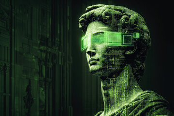 A digital statue adorned with futuristic neon eyewear, instituting a convergence of classical artistry and modern technology advancements.