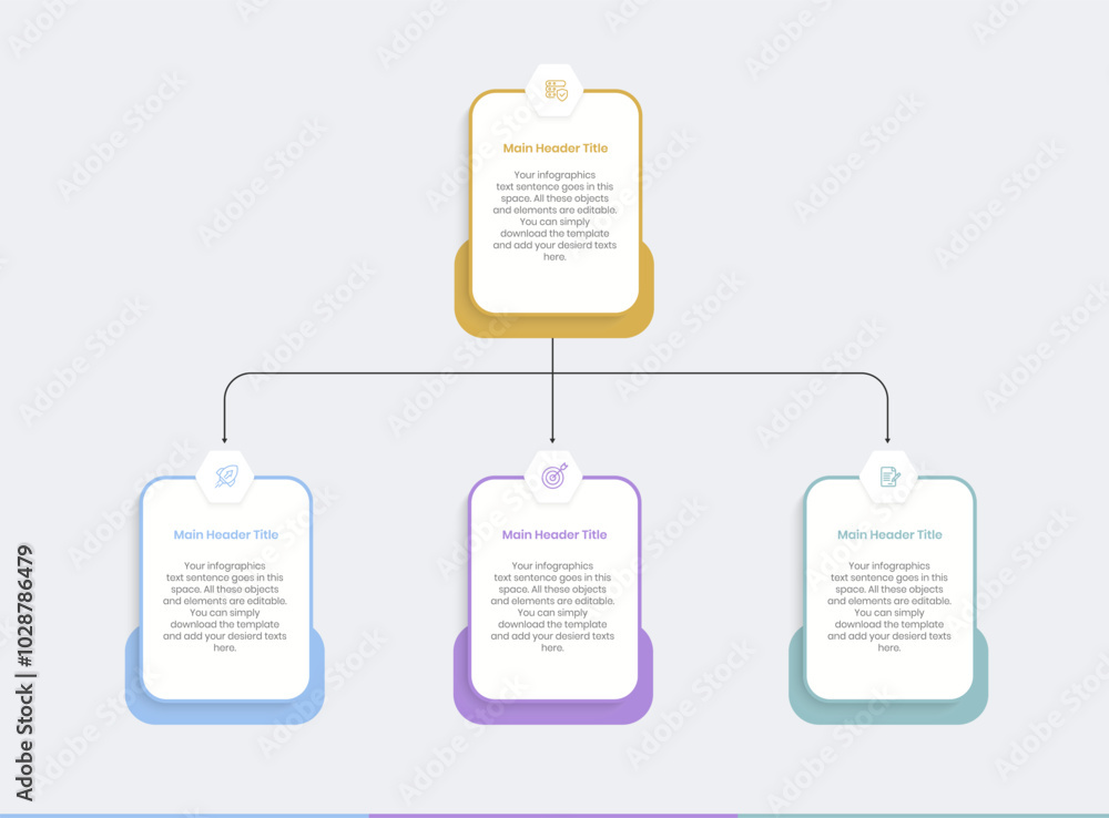 Wall mural Business management level distribution structure Infographics Design Template, Workflow diagram, flowchart, Concept tree chart for business hierarchy, Second level Organizational chart divide three