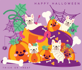 Happy halloween greeting card with cute french bulldog puppy dog, flat and colorful illustration.
