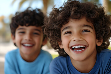 portrait of arabic 7 years old boy having fun & laughing with open mouth outside with a friend; cheerful friends playing together 