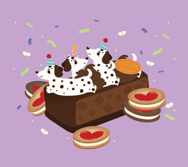 Happy birthday cake with cute dalmatian puppy dog, flat and colorful illustration.
