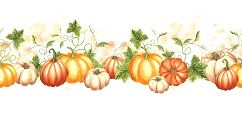 Pumpkins with leaves and tendrils. Autumn seamless border. Fall vegetables frame for Harvest fest or Thanksgiving. Hand drawn watercolor illustration isolated. Template for wrapping, paper, textile.