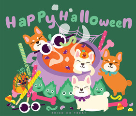 Obraz premium Halloween party with cute shiba inu puppy dog, flat and colorful illustration.