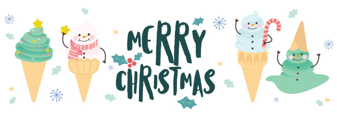 Seamless Christmas with Cute cartoon ice cream snowmen in waffle cones, flat and colorful illustration.
