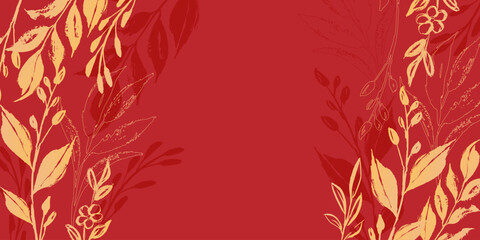 Luxurious Chinese background with flowers, branches, and leaves in gold colors. Golden floral frame isolated on red background. Suitable for wallpaper, posters, and elegant card designs.