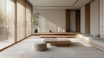 Fototapeta premium A modern and luxurious living room interior featuring a sleek design with a spacious floor, large windows, and a contemporary atmosphere in a newly built home