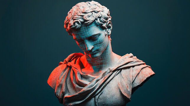 A neoclassical male statue bust with red and blue digital glitch, highlighting a modern fusion of classic and abstract elements. - Powered by Adobe