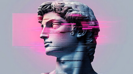 A side profile of a classical marble bust with glitch effects in pink hue, showcasing a fusion of historical and digital aesthetics.
