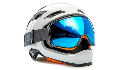 White ski helmet with blue goggles and mountain reflection.