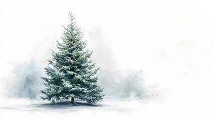 A detailed evergreen Christmas tree in minimalist watercolor style with soft lighting against a white background, embodying a festive holiday theme.