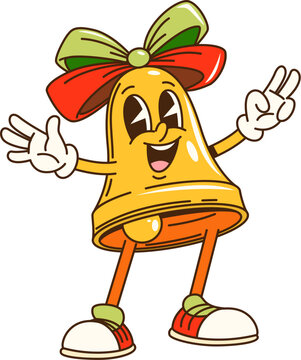 Cartoon groovy Christmas jingle bell character with big bow, striking a pose with a playful facial expression. Isolated vector golden bell with festive adornments knoll and exudes retro holiday spirit