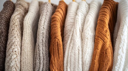 Close-up of various knitted wool sweaters in warm autumn colors hanging on a white rack, showcasing textured chunky knit patterns and cozy fashion.