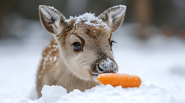 Gentle Reindeer in Snow with a Carrot