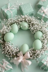 Obraz premium Easter wreath with decorated eggs and gifts arranged on a pastel blue background