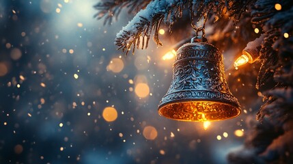 Silver Bells Hanging on a Snowy Christmas Tree