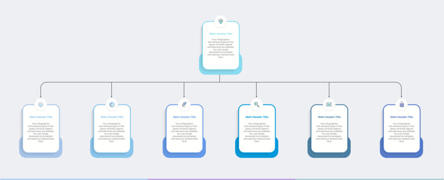 Business management level distribution structure Infographics Design Template, Workflow diagram, flowchart, Concept tree chart for business hierarchy, Second level Organizational chart divide into six