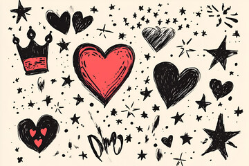 Sketch line arrow element heart on chalkboard background. Hand drawn doodle sketch style circle, cloud speech bubble grunge element. Arrow, star, heart decoration. illustration