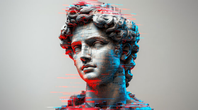 A classical bust enters a digital realm, adorned with glitch effects and fragmented textures, symbolizing tech's embrace of art.
