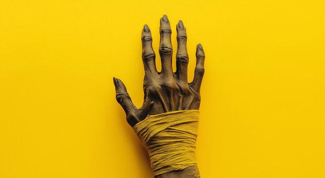 Mummified hand with bandages on a yellow background, top view. Halloween concept, isolated mock-up