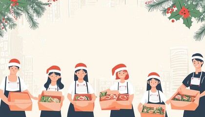 Illustration of volunteers in Santa hats holding food boxes, set against a festive background with pine and holly accents.