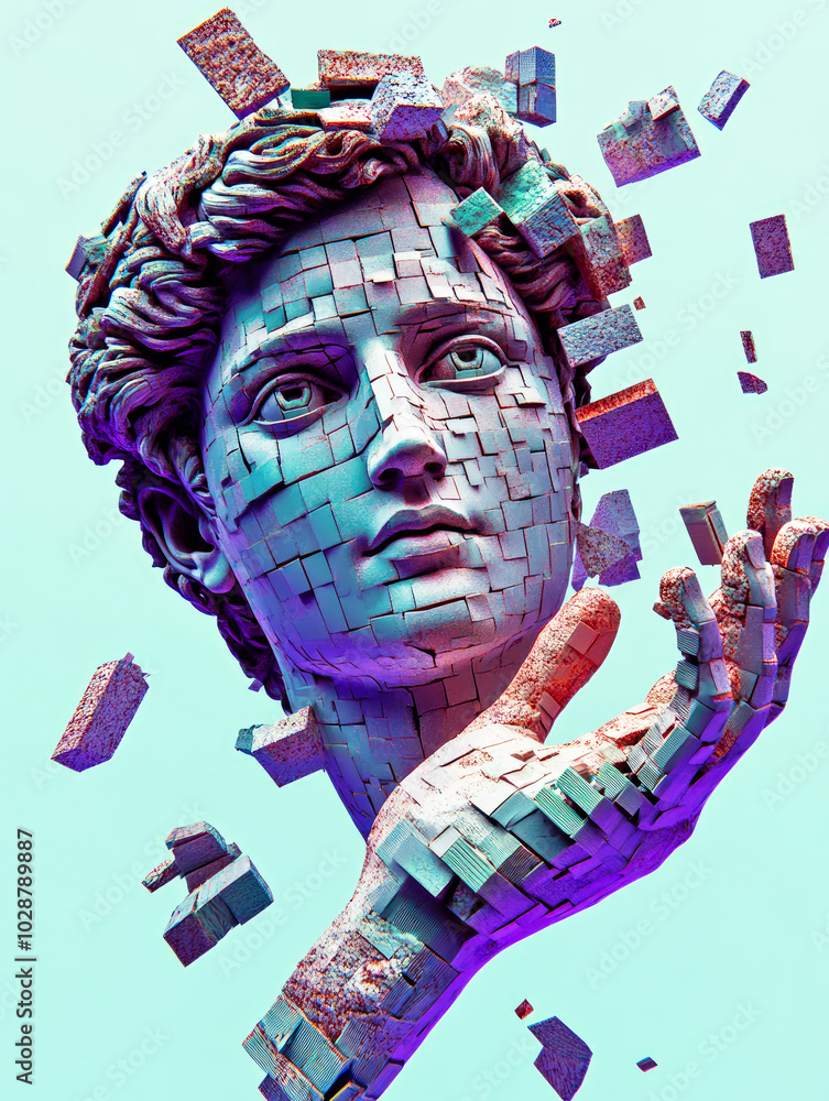 Poster a fragmented sculpture with digital effects, depicting a face and hands in a dynamic fusion of reali
