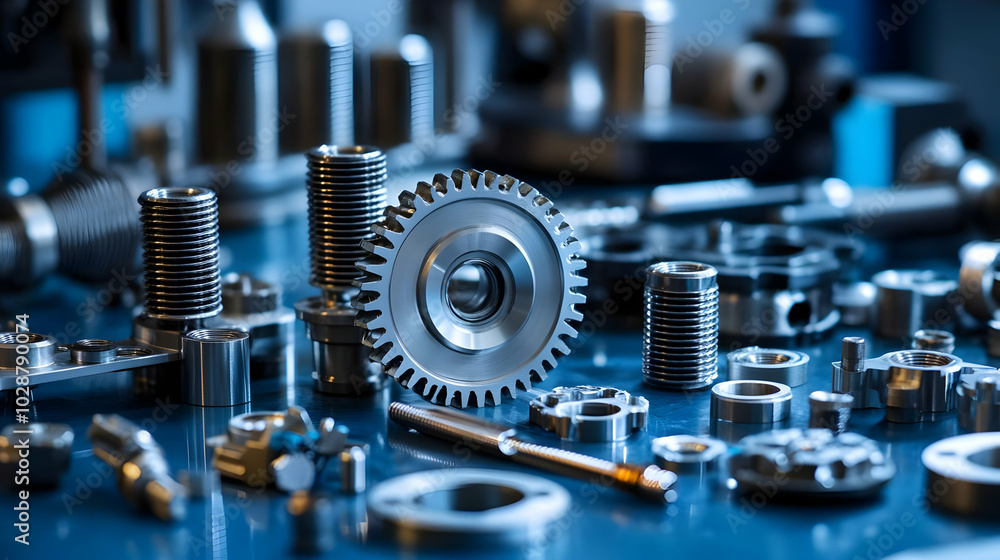 Poster collection of various mechanical parts and tools on a workbench.