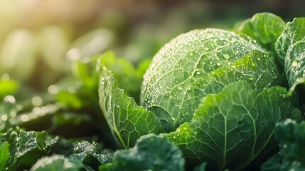 Fresh vibrant green cabbage with dew drops in a garden setting, sunlight bokeh highlighting the textured foliage of organic produce.