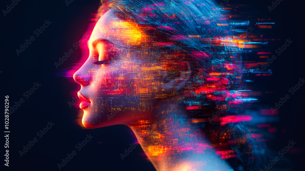 Poster a vibrant profile of a woman blending seamlessly with digital elements and colorful abstract pattern
