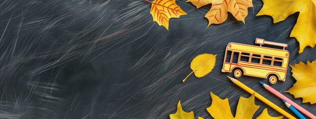 School bus is on a chalkboard with leaves and pencils