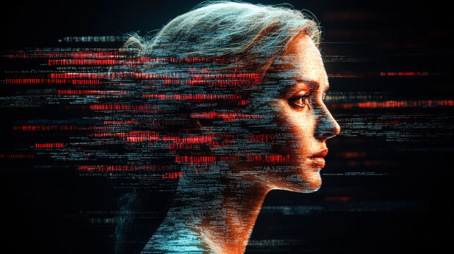 A visionary avatar portrayed with flowing digital streaks, showcasing the merging of human imagination and technological evolution.