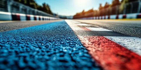 Racetrack view capturing the colorful start line and surrounding trees under bright daylight