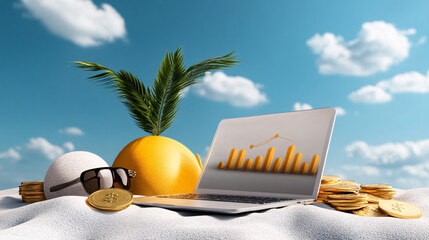 laptop displaying financial graphs sits on sandy beach, surrounded by gold coins, palm tree, and sunglasses, evoking sense of relaxation and prosperity