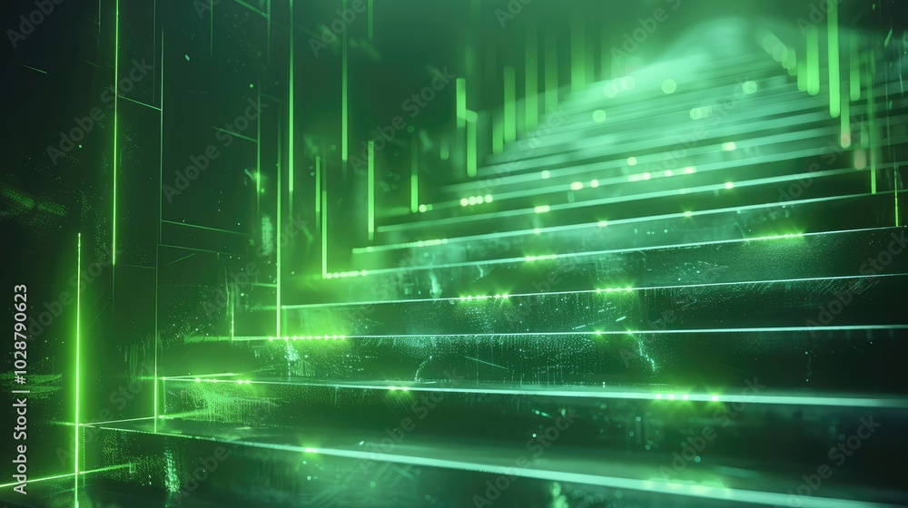 Aufkleber strategy system multiples lines, glowing green line creating a growing sales force graphic stair.