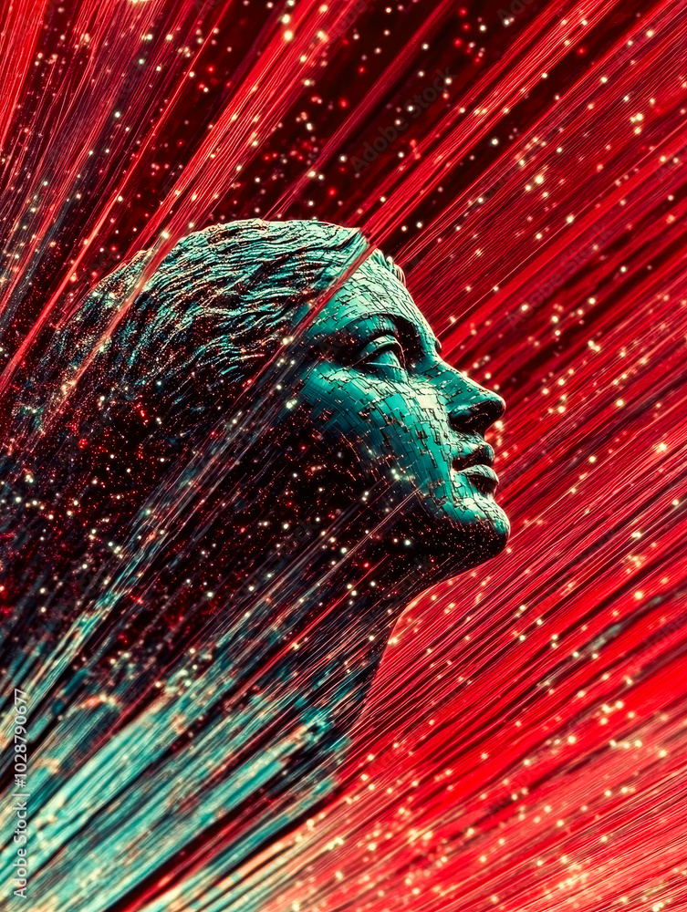 Aufkleber a digital sculpture with intricate textures, surrounded by dynamic red lighting and sparkling points
