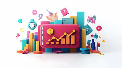 3D Floating Wallet Icon with Growth Symbols: Upward Arrows and Graphs on Isolated White Background for Financial Success and Business Growth