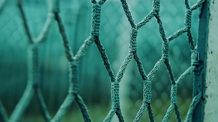 Naklejka premium A close-up image of a football net, with the blurred background adding a sense of depth. The textured netting emphasizes the details of the game, making this image suitable for sports, football, or go