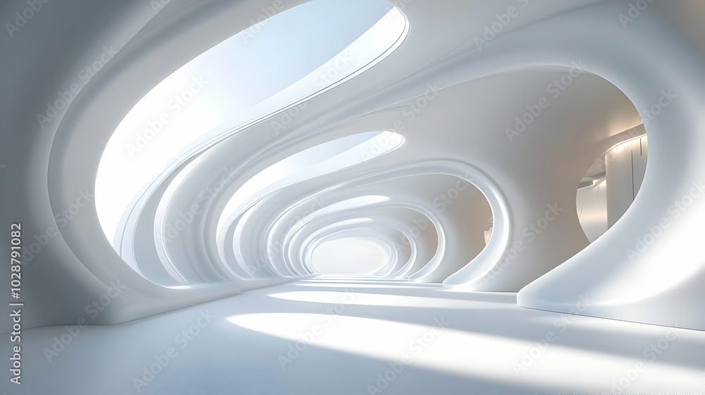 Poster A futuristic, minimalist interior with flowing white structures.