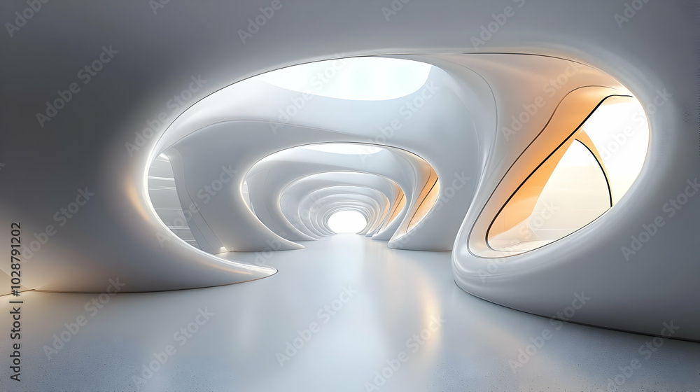 Poster A futuristic, smooth-walled interior with organic shapes and light.