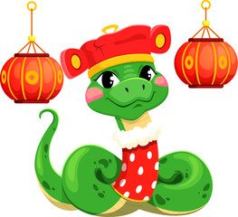 Cartoon festive snake character symbolizes the Chinese lunar year 2025, luck, Asian culture, festivities and Isolated vector zodiac reptile wears red hat and scarf, surrounded by traditional lanterns